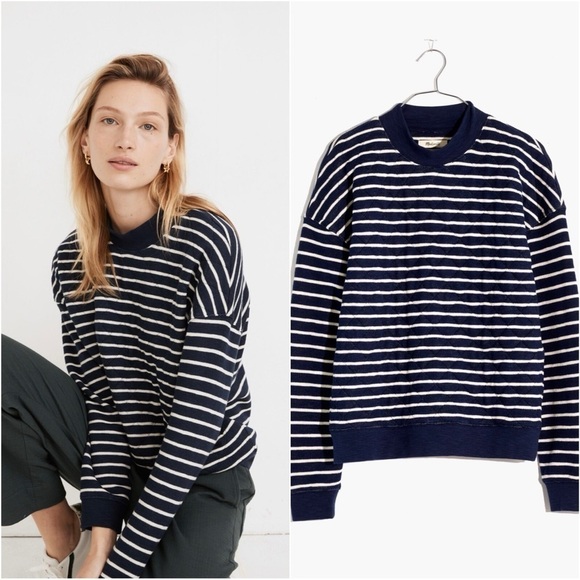 Madewell Sweater Quilted Studio Mockneck Sweatshirt in Stripe Blue XS NWT New - Picture 1 of 12